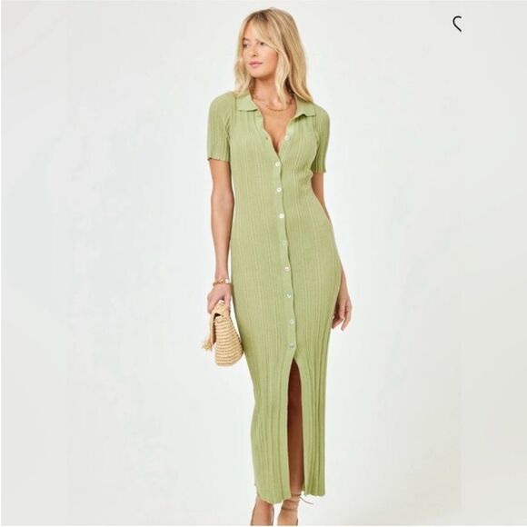 L*SPACE Linen Blend Undertow Cover-up Maxi Dress Light Olive Green Size M NWT - Picture 1 of 6